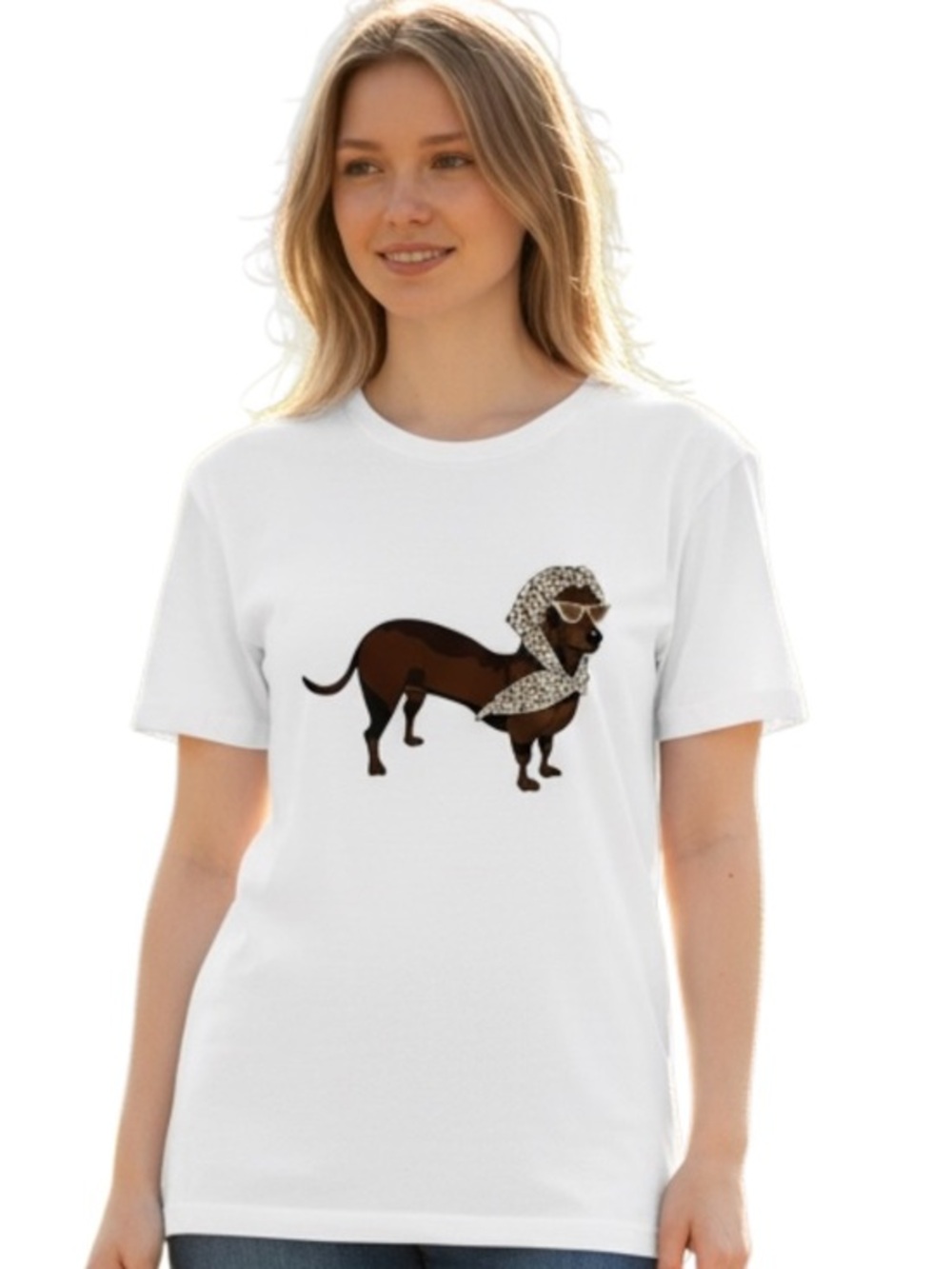 Kiss & Fly T-Shirt Womens Size L White Graphic Dachshund Crew Neck Short